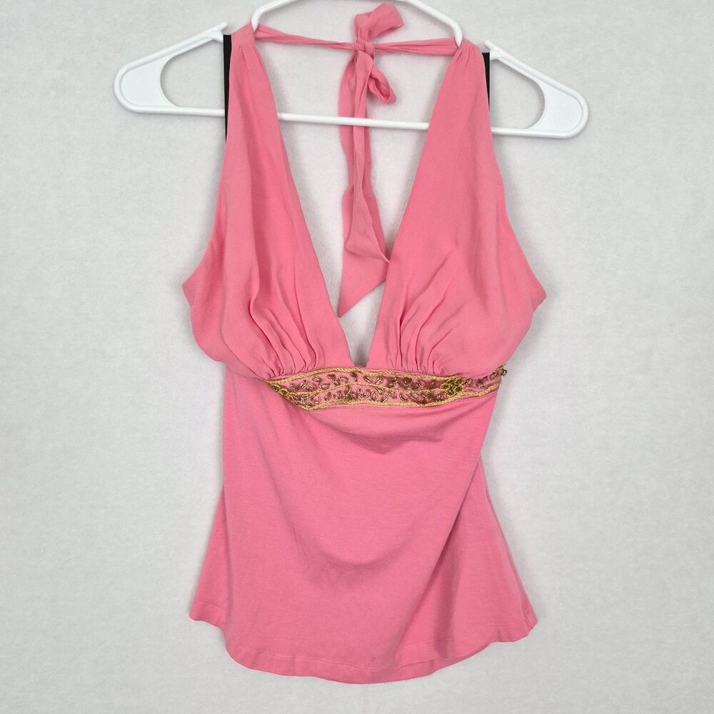 Vtg Bebe Medium Pink Halter top y2k 90s babydoll embellished empire waist Blouse